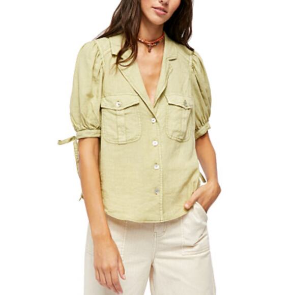 Free People Women’s Babe Safari Linen Button-Front Short Sleeve Shirt Top Size S - Picture 1 of 7